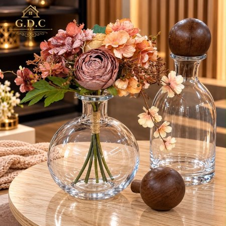 طقم فازات زجاج غطاء خشب مع ورد